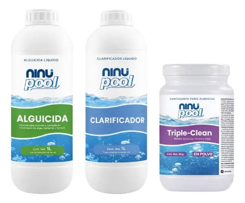 Kit de tratamiento para alberca (alguicida + clorador + clarificante), Ninu
